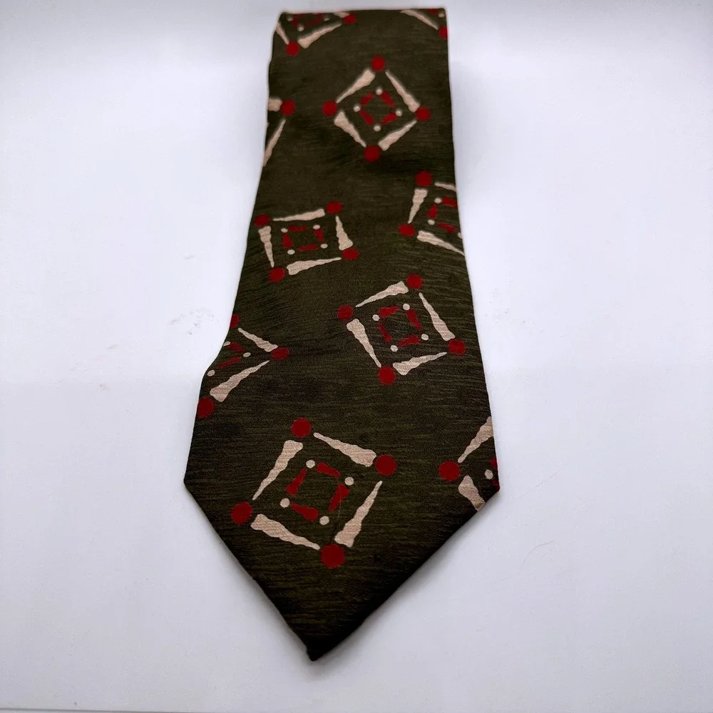 Giorgio Armani Silk Tie Olive Green Geometric Print Classic Sophisticated‎ Retro